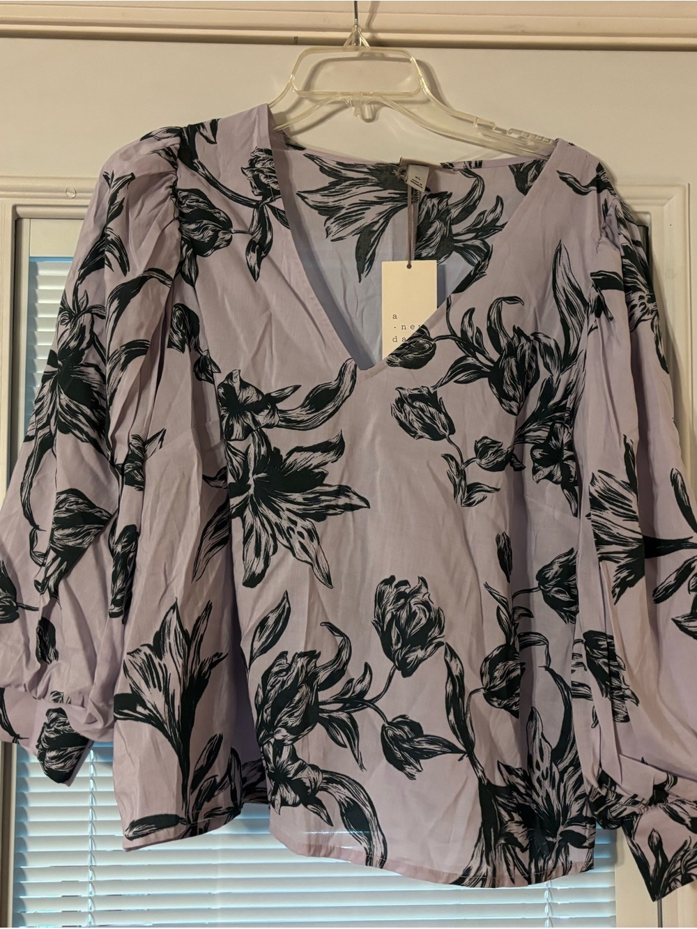 a new day Lavender V-Neck Floral Puff-Sleeve Blouse